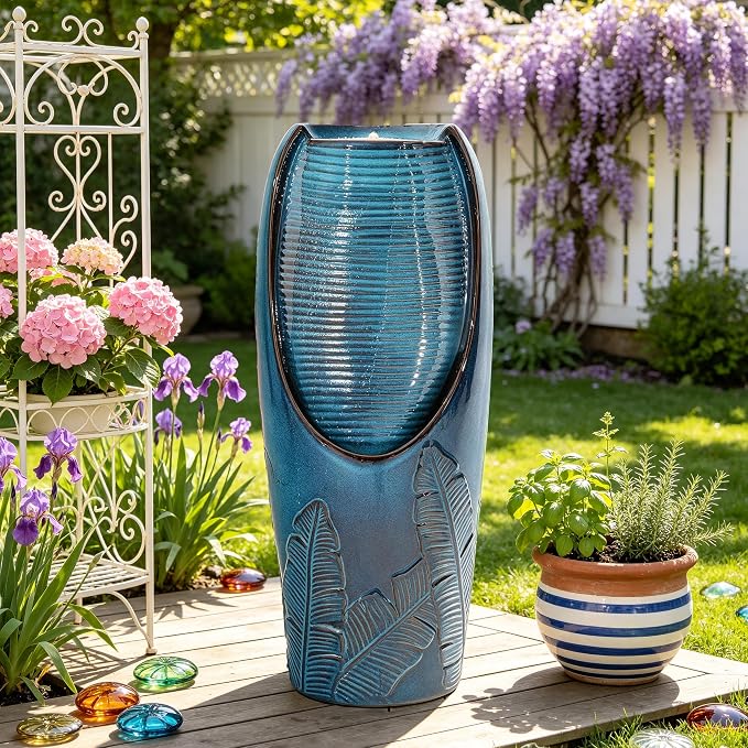 32" H Outdoor Garden Fountain with LED Lights, Modern Ceramic Jar Water Fountain, 3D Tropical Leaf Pattern, Teal Blue Glaze, Soothing Cascading Waterfall for Relaxing Patio, Yard, Porch