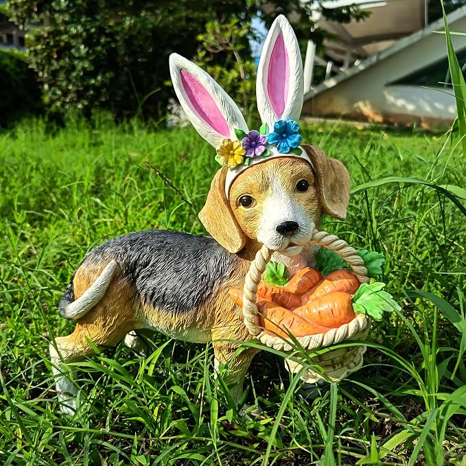 Cynkeyee Dog Garden Statue Decoration - Cute Puppy Beagle with Bunny Ears | Carrot Basket Doggy Figurines, Tabletop Self Floor Indoor Garden Decor, 11.5x4x10.5 inch