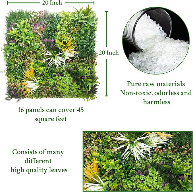 ODTORY Artificial Greenery Grass Wall Panels: 20''x 20'' 16P(45 sqft) | UV-Anti, Faux Ivy Privacy Fence Screen, Boxwood Backdrop, Vine Leaf Hedges Roll, Patio/Balcony/Garden/Backyard, Green Decor