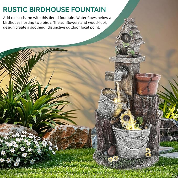 20" 3-Tier Resin Birdhouse Water Fountain with Warm LED Lights | Pastoral Cascading Bucket Water Feature with Soothing Outdoor Fountain for Patio Backyard Garden Porch