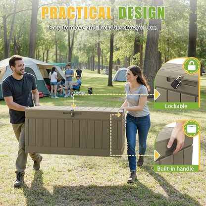Greesum Outdoor Storage Box 82 Gallon Storage Bin with Lid for Patio Furniture, Garden Tools, Pool Supplies, Waterproof and UV Resistant, Lockable, Coffee