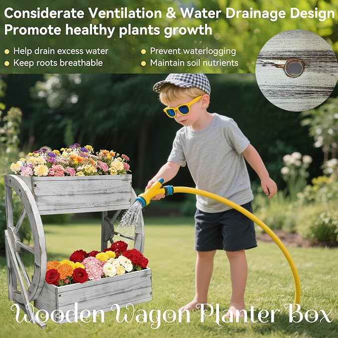 NestNature Wooden Wagon Planter Box|Rustic Planter Use On Indoor&Outdoor | 2-Tier Medium Solid Wood Planter-Flower Pot Use On Patio,Porch,Garden-Raised Garden Bed For Succulents, Herbs, Vegetables