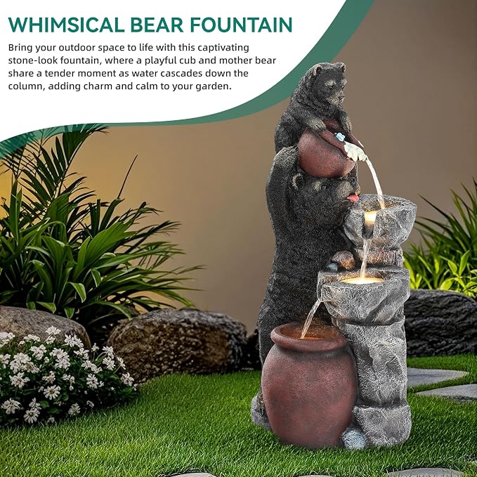 38" H Playful Twin Bear Statue Outdoor Fountain with LED Lights | Whimsical Multi-Tiered Stone Vessel Water Feature with Soothing Cascading Waterfall for Patio, Backyard, Garden or Porch