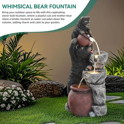 38" H Playful Twin Bear Statue Outdoor Fountain with LED Lights | Whimsical Multi-Tiered Stone Vessel Water Feature with Soothing Cascading Waterfall for Patio, Backyard, Garden or Porch