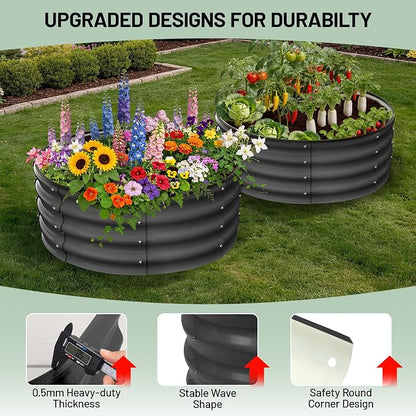 Garvee Round Raised Garden Bed, Galvanized Garden Beds, Metal Planter | 2Pcs, 2x2x1 FT, with Gloves and Rubber Edge Trim, for Vegetables, Flowers and Herbs, Dark Grey