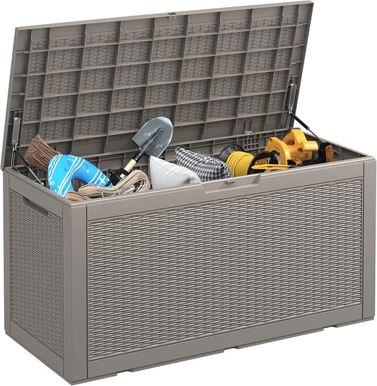NUNU LAB 100 Gallon Large Waterproof Resin Deck Box, Lockable Outdoor Storage Box with Gas Lift, Patio Cushions, Garden Tools, Pool Supplies, Indoor Outdoor Storage Container, Grey