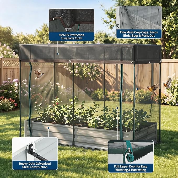 8x4x1Ft Galvanized Raised Garden Bed Kit w/Self Watering Irrigation & Mesh Cover, Metal Bottomless Raised Planter Box for Veggies Herbs Flowers, Rustproof Elevated Garden Bed Backyard Patio Farm