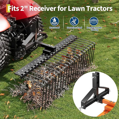GlowSol 48-Inch Heavy Duty Tow-Behind Pine Straw & Landscape Rake for Tractor, ATV, UTV – 17 Powder-Coated Steel Tines, 2-Inch Receiver Hitch, Ideal for Lawn Leveling, Dethatching & Debris Collection