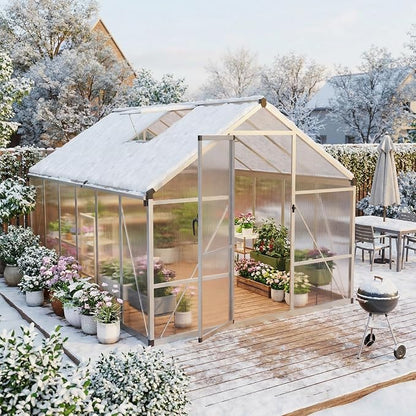 Garvee 8x12ft Walk-in Greenhouse, Heavy Duty Large Outdoor Green House | Polycarbonate Garden Greenhouse with Roof Vent, Lockable Outward-Opening Swing Door & Aluminium Frame for Backyard, Sliver