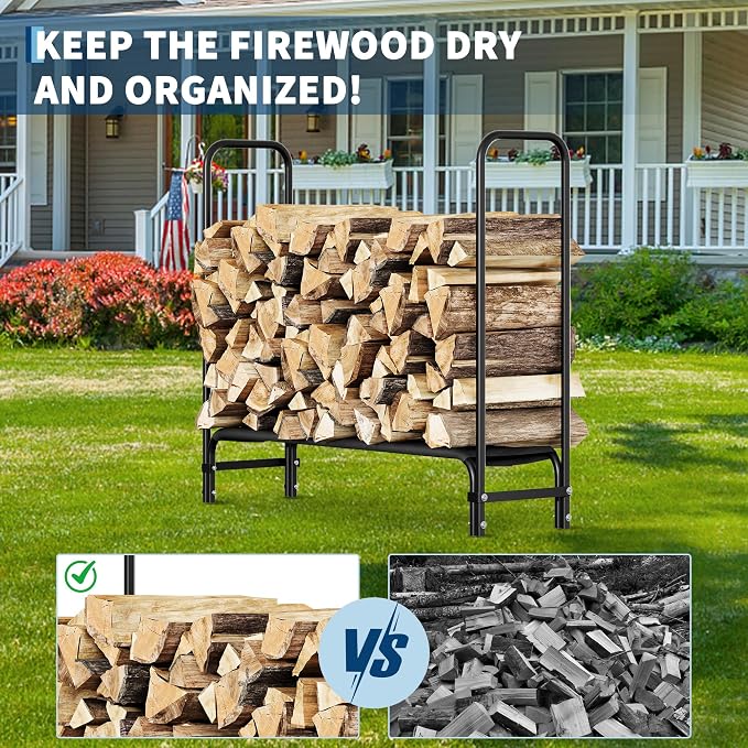 KYBOLT 4ft Firewood Rack Stand, Heavy Duty Wood Rack Keep Firewood Organized, Firewood Holder Organizer with 2000lbs Load Capacity, Black