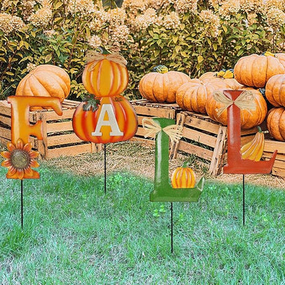 Juegoal 4 Pcs Fall Decorative Garden Stakes, 24 Inch Letter Metal Yard Sign with Pumpkins, Outdoor Art Stake for Thanksgiving Decorations Autumn Harvest Patio Lawn Walkway, Style A