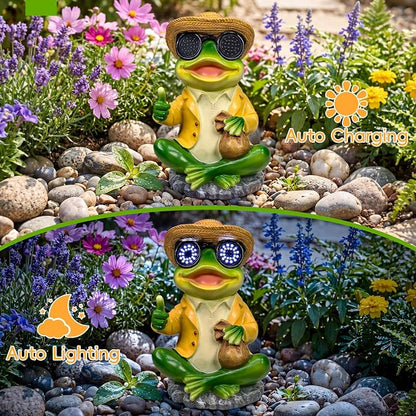 8.7" Solar Frog Statue Glowing Glasses - Funny Garden Decor Thumbs Up Money Bag Lucky Frog Figurine, Outdoor Resin Yellow Shirt Hand Painted Stone Base Patio Lawn Porch Gift Whimsical