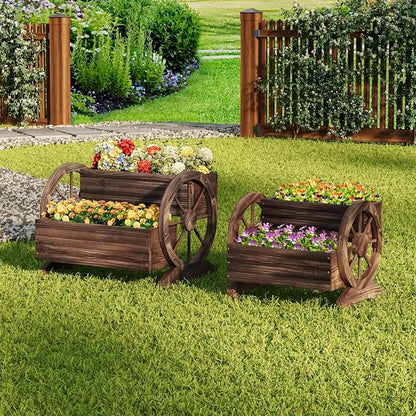 Wooden Wagon Planter with Wheels,Flower Pots, Carbonized, Large | Flower Cart Design, Outdoor Garden Use, Indoor & Backyard Compatible, Patio & Balcony Decor