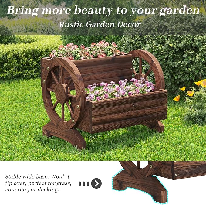 Kitsanery Wooden Planter Box,Planters for Outdoor Plants, Flower Cart for Patio Garden Balcony, Backyard Decor Garden Planters with Wheels for Flowers,Vegetables (Carbonised Colour (Dark Brown))