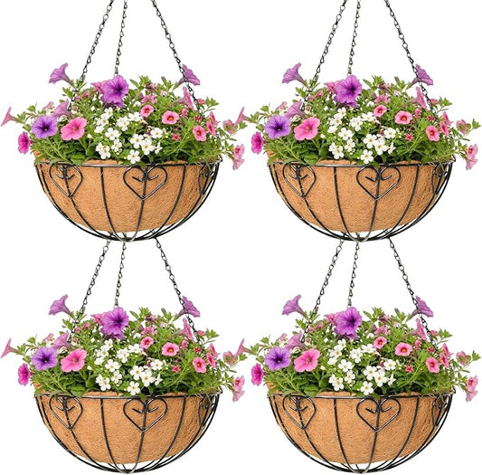 4 Pack Hanging Planter for Outdoor Plants 16 inch Metal Hanging Flower Basket with Coco Coir Liner Round Wire Plant Holder Chain Flower Pots Outdoor Garden Decoration Watering Hanging Baskets（AX）