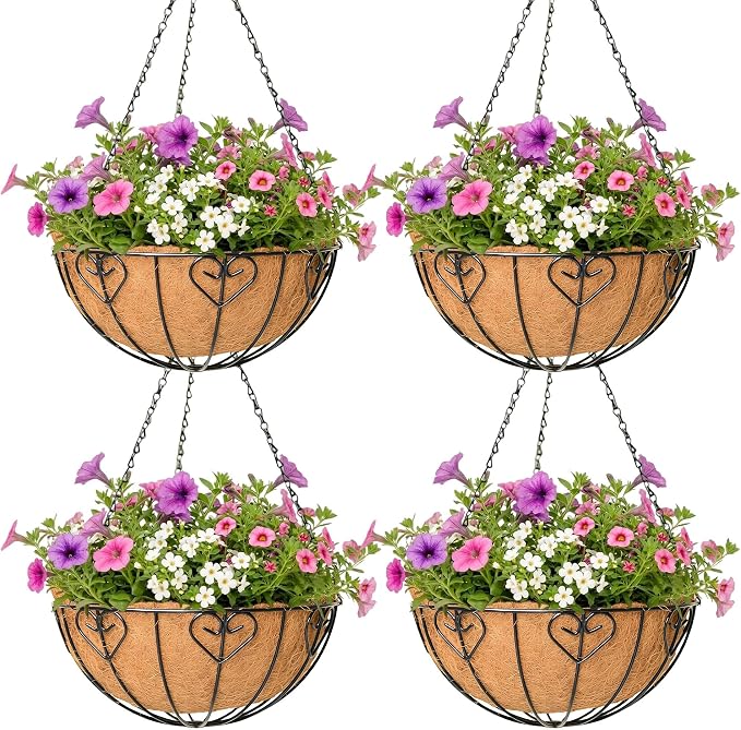 4 Pack Hanging Planter for Outdoor Plants 14 inch Metal Hanging Flower Basket with Coco Coir Liner Round Wire Plant Holder Chain Flower Pots Outdoor Garden Decoration Watering Hanging Baskets（AX）