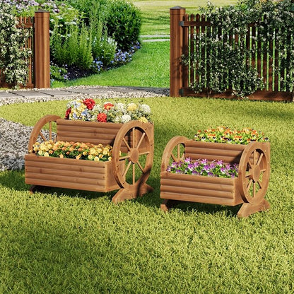 Wooden Wagon Planter Outdoor Flower Cart with Wheels Garden Planter, Decor Planter for Patio Decoration Succulent Flower Pot for Indoor Backyard Yard Decor Porch Balcony Planters (Brown, Medium)