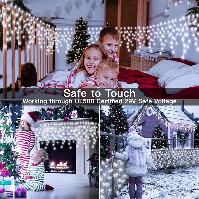 Ollny Icicle Lights Outdoor Cool White, 600LED 49FT Christmas Lights with Remote 8 Modes Dimmable, Waterproof Connectable Timer Hanging Light for House Outside Yard Indoor Decorations