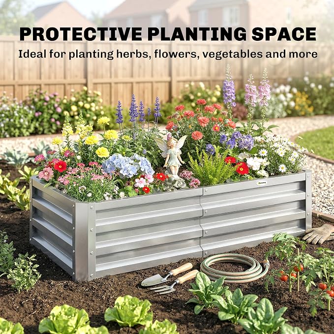 Outsunny Galvanized Raised Garden Bed, 4' x 2' x 1' Metal Planter Box, for Growing Vegetables, Flowers, Herbs, Succulents, Silver