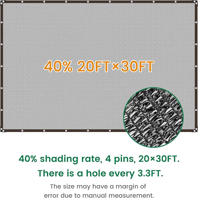 Shade Cloth, 20FT X 30FT 40% Black Outdoor Woven Sun Shade with Grommets, Durable Breathable Netting Shading Antifreezing for Patio, Garden, DIY Home, Plants Cover, Greenhouse, Dog Kennel