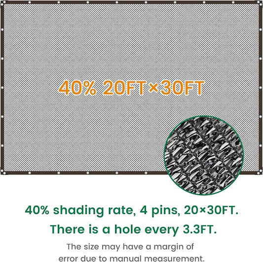 Shade Cloth, 20FT X 30FT 40% Black Outdoor Woven Sun Shade with Grommets, Durable Breathable Netting Shading Antifreezing for Patio, Garden, DIY Home, Plants Cover, Greenhouse, Dog Kennel