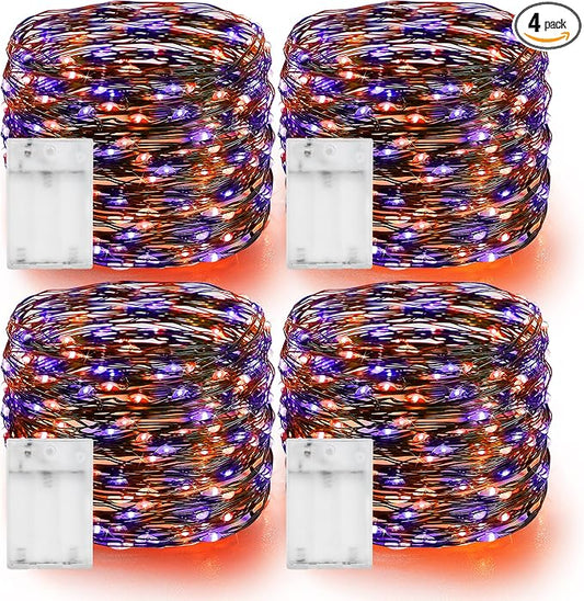 Dazzle Bright Purple and Orange Halloween Fairy String Lights, 4 Pack Total 80FT 240LED Copper Wire Battery Operated Waterproof Lights, Halloween Decorations for Indoor Home Patio Yard Party Decor