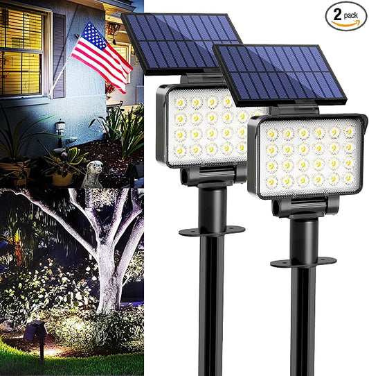 Solar Spot Lights Outdoor Waterproof for Flag, Tree, House, Garden, Yard, 3 Brightness Modes Solar Powered Landscape Spotlights 2 Pack Cool White