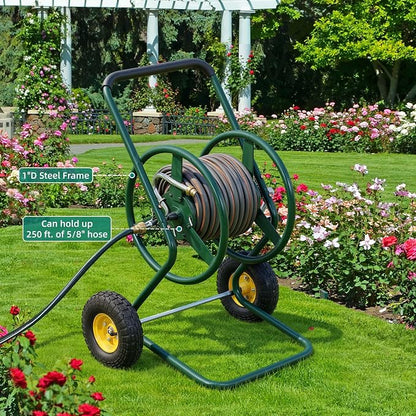Hose Reel Cart, 250FT 5/8" All-Terrain Mobile Water Hose Truck, Heavy-Duty Rust-Proof Iron Frame Industrial Garden Cart for Outdoor Lawn Yard & Car Washing