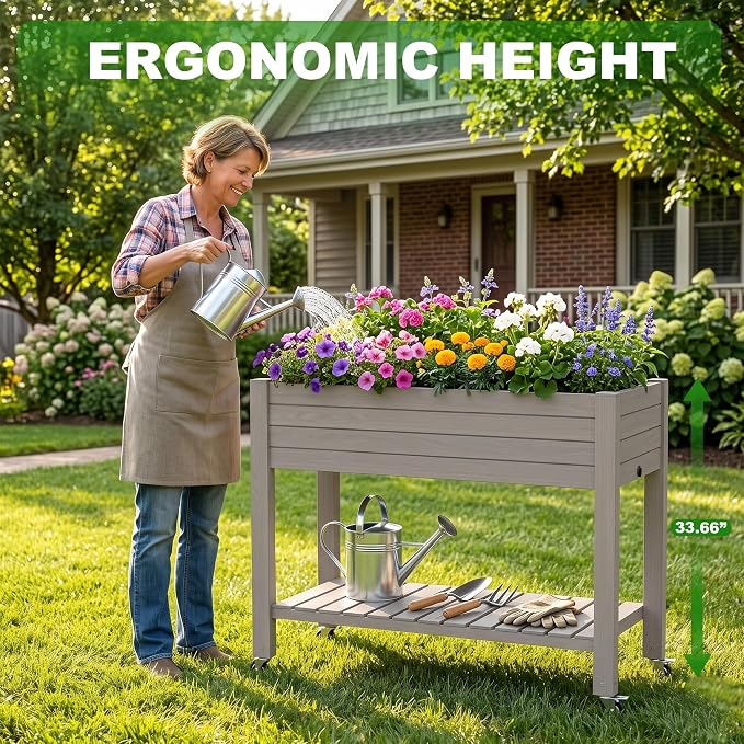 Elevated Resin Raised Garden Bed, 33.7in Height Raised Planter Box with Drainage Holes, Lockable Rotating Wheels & Bottom Storage Shelf, Stake Support, Easy Assembly for Patio Lawn Backyard Balcony
