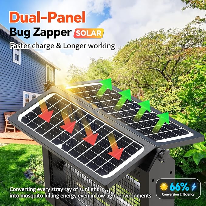 Solar Bug Zapper Outdoor, Dual Solar Panels, 4500V Waterproof Portable Mosquito Zappers, Cordless Fly Trap w/Auto Mode, Rechargeable Mosquitoes Insect Killer for Patio Yard Camping Garden Pool(Black)