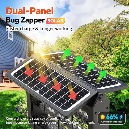 Solar Bug Zapper Outdoor, Dual Solar Panels, 4500V Waterproof Portable Mosquito Zappers, Cordless Fly Trap w/Auto Mode, Rechargeable Mosquitoes Insect Killer for Patio Yard Camping Garden Pool(Black)