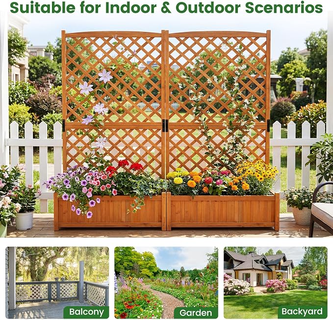 Giantex Raised Garden Bed with Trellis, 71" Wooden Elevated Planter Box, High Trellis for Plant Flower Climbing Pot Hanging, Indoor & Outdoor Planter Box for Yard, Garden, Balcony