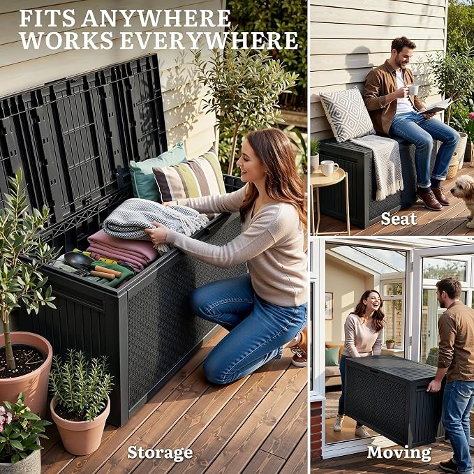 YITAHOME 95 Gallon Outdoor Storage Deck Box | Waterproof Resin Deck Box w/Handles, Lockable Outdside Deck Box for Patio Furniture, Garden Tools, Lockable & UV