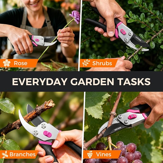 VOTREK® Pruning Shears, 8.5” Professional Garden Pruner with Jam-Proof Spring & Ever-Sharp SK5 Blade, Ergonomic Bypass Clippers for Rose, Tree, Heavy Duty Bonsai Scissor for Weak Hand