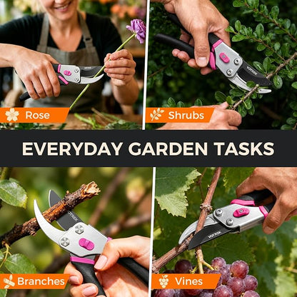 VOTREK® Pruning Shears, 8.5” Professional Garden Pruner with Jam-Proof Spring & Ever-Sharp SK5 Blade, Ergonomic Bypass Clippers for Rose, Tree, Heavy Duty Bonsai Scissor for Weak Hand