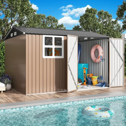 IRONCK 10x8.2 FT Outdoor Storage Shed with Clear Window, Tool Shed, Brown | Lockable Doors, Breathable Ventilation, 9.5x8 FT Base, Outdoor Shed For Generators/Bikes/Wheelbarrows