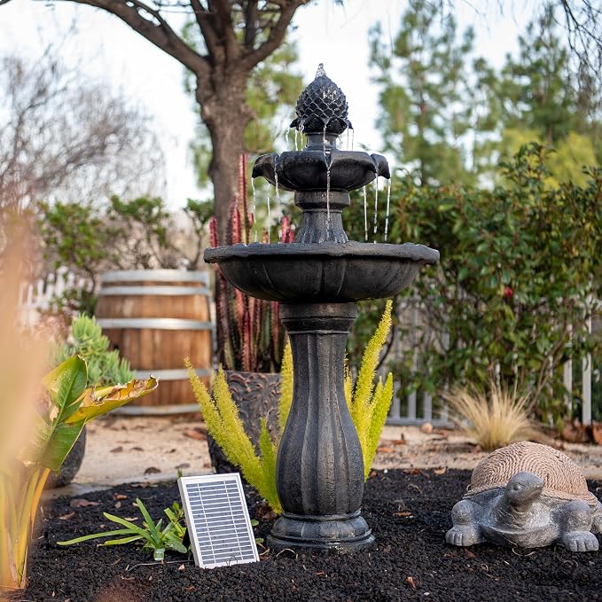 XBrand 44" Solar Powered Outdoor Fountain, Elegant 2-Tier Cascading Water Feature, Fiberglass Resin Garden & Patio Fountain with Solar Panel - Black