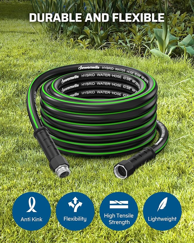 DEWENWILS Garden Hose 5/8" × 50ft, Heavy Duty, Flexible, Lightweight Hybrid Water Hose with Swivel Handle in Solid Aluminum Fittings, No Kink, CE & RoHS Listed, Black+Green