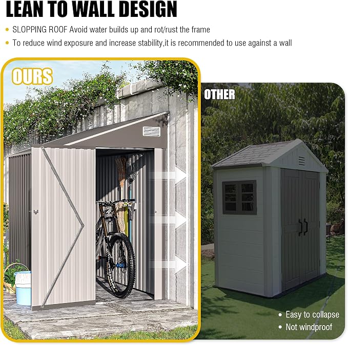 YOPTO 4×8 FT Outdoor Metal Storage Shed,Heavy-Duty Lean to Storage Shed with Lockable Single Side Hinge Door,Waterproof Metal Storage Tool House W/Sloping Roof,Air Vent&Protect Film,for Backyard,Gray