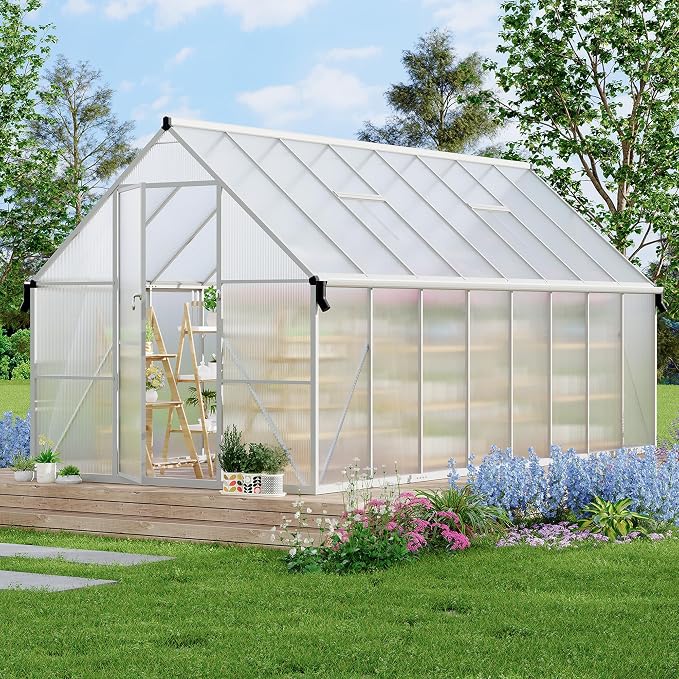 GarveeLife 8X16FT Polycarbonate Greenhouse with Aluminum Frame, Polycarbonate Greenhouse for Outdoors, Greenhouses with Ventilation and Rain Gutter, Aluminum Large Walk-in Greenhouses for Outside