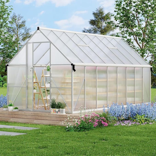 GarveeLife 8X16FT Polycarbonate Greenhouse with Aluminum Frame, Polycarbonate Greenhouse for Outdoors, Greenhouses with Ventilation and Rain Gutter, Aluminum Large Walk-in Greenhouses for Outside