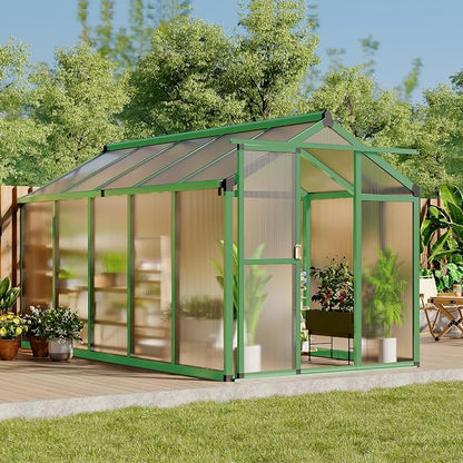 Greenhouse, 6x10 Ft Outdoor Greenhouses, Accessible Green House with Roof Vents and Sliding Doors, Aluminum Frame Polycarbonate Greenhouses, Large Greenhouse for Outdoor Gardens and Backyards, Green