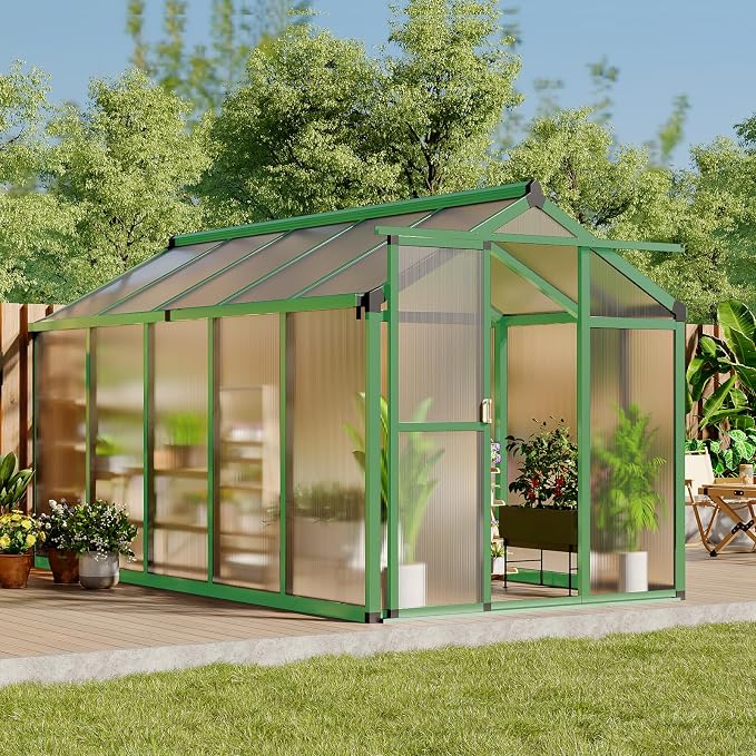 Garvee 6 X 10 Greenhouse, Greenhouses for Outside, Polycarbonate Greenhouse with Aluminum Frame, Lockable Door and Ajustable Roof Vent for Backyard, Green Houses for Outside Garden Backyard, Patio