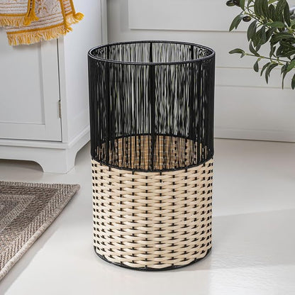 happimess HPM1101D Harper Modern 4.13-Gallon 2-Tone Faux Wicker Cylinder Waste Basket, Black/Cream for Home, Bathroom, Living Room, Office, Bedroom, Kitchen