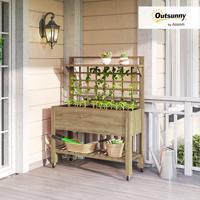 Outsunny 41" Raised Garden Bed with Trellis on Wheels, Wooden Elevated Planter Box with Legs and Bed Liner, for Flowers, Herbs & Vegetables, Dark Brown