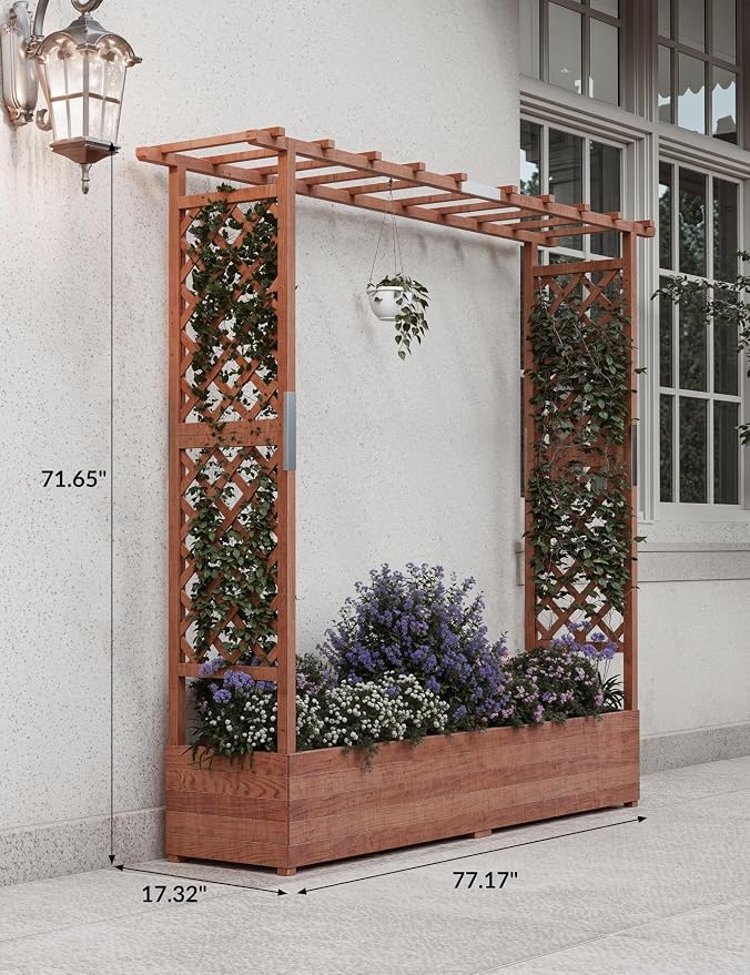 Patikuin 72" Elevated Wooden Raised Garden Bed with Trellis & Canopy, Freestanding Planter Box with Side Supports & Drainage Holes, Large Vertical Planter for Climbing Plants, Vines, Flowers, Patio