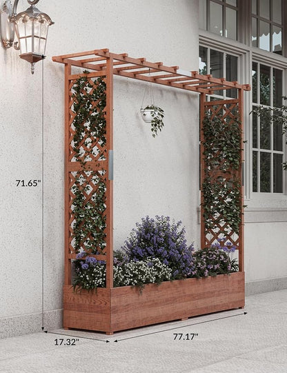 Patikuin 72" Elevated Wooden Raised Garden Bed with Trellis & Canopy, Freestanding Planter Box with Side Supports & Drainage Holes, Large Vertical Planter for Climbing Plants, Vines, Flowers, Patio