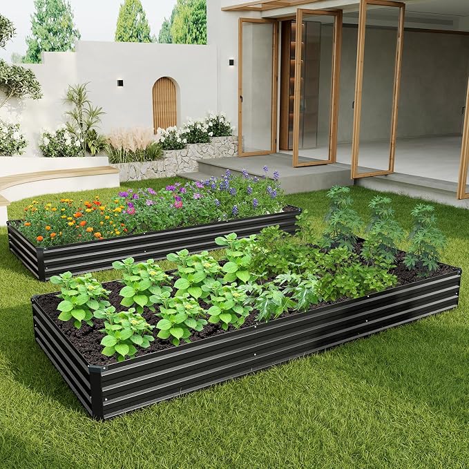 2PCS 12x4x1ft Galvanized Raised Garden Bed Kit,Gardening Planter Box | Outdoor Elevated Metal Planter Box For Vegetables, Flowers, Herbs, Anti-Rust Galvanized Steel, Open Drainage, Sturdy (Black)