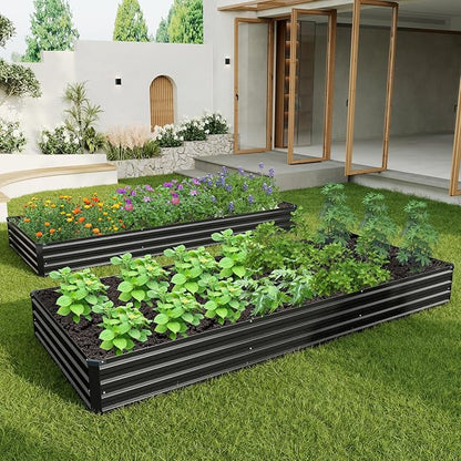 2PCS 12x4x1ft Galvanized Raised Garden Bed Kit,Gardening Planter Box | Outdoor Elevated Metal Planter Box For Vegetables, Flowers, Herbs, Anti-Rust Galvanized Steel, Open Drainage, Sturdy (Black)