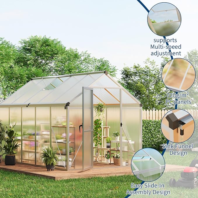 6X10 Ft Polycarbonate Greenhouse Sunroom with Aluminum Frame, Outdoor Greenhouse for Vegetables Herbs Flowers, Lockable Door & Adjustable Roof Vent, Patio Backyard Greenhouse Kit for Gardening, Silver